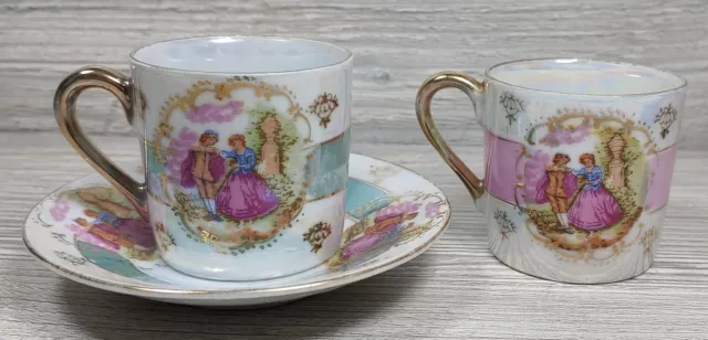 GC Japan Fine China Hand Painted Fragonard Figural 2 Cup And Saucer Set E-1555