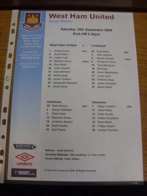 19/09/2009 Colour Teamsheet: West Ham United v Liverpool  .  Footy Progs/Bobfran