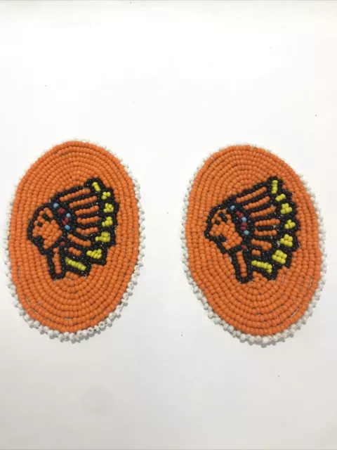 Beaded Rosettes Orange Indian Head design Leather Back Set of 2
