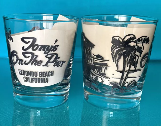 Set of 2 VINTAGE - NEW Tony's on the Pier Rocks Highball Glasses Redondo Beach