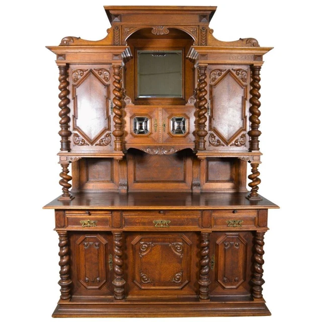 Antique Large Carved Barley Twist Oak Sideboard #21695