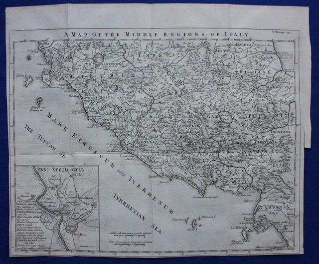 ORIGINAL ANTIQUE MAP ANCIENT ITALY, TUSCANY (ETRURIA) INSET MAP OF ROME ...