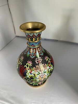 Old Chinese Cloisonné Enamel Dynasty Bottle Vase..20.4” Wooden Oriental Stand.