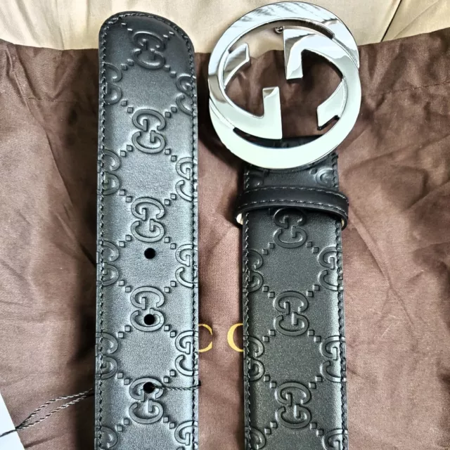Mens Classic Gucci Belt Black Monogram Silver Authentic Size 32-34 2