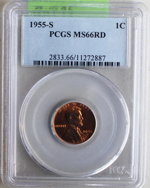 1955 S BU Lincoln Wheat Back Penny One Cent US Coin Certified PCGS MS66 Red K