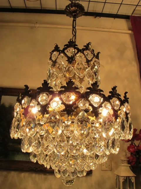 Antique Vintage GIANT French Basket Style Crystal Chandelier Lamp 1940's 18 in