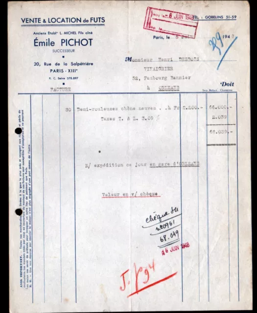 PARIS (XIII°) FUTAILLES / FUTS "L. MICHEL / Emile PICHOT Succ" Facture en 1948