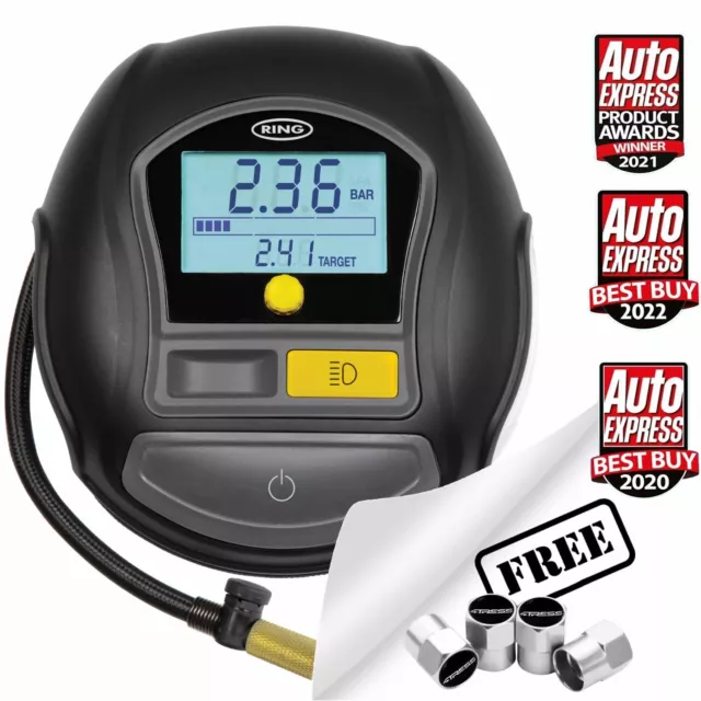 12v Rapid Digital Car Tyre Air Compressor Inflator Auto Stop Ring RTC1000. Caps✅