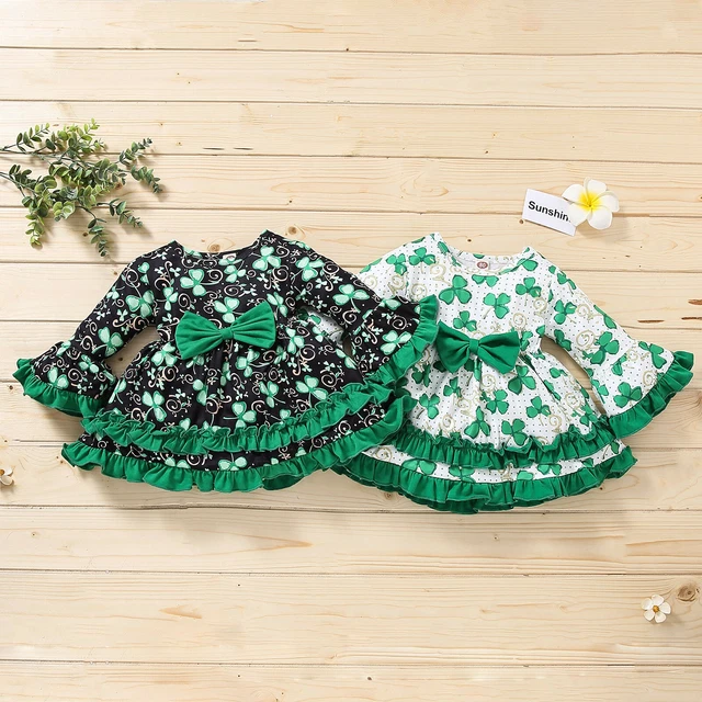 Toddler Baby Girls St.Patrick's Day Sleeve Ruffles Floral Printed Princess Dress