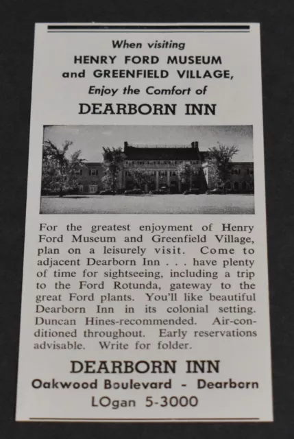 1954 Print Ad Michigan Dearborn Inn Oakwood Boulevard Henry Ford Museum art