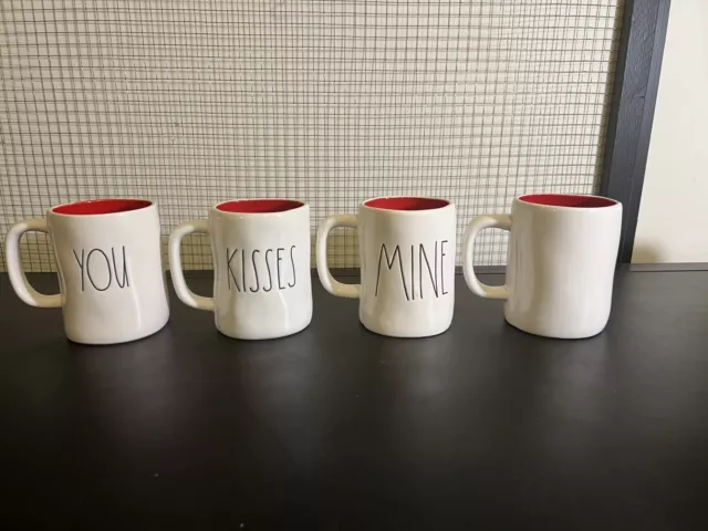 Rae Dunn 4 Coffee Mugs Artisan Collection BE MINE Valentine's Day LOVE Hugs New 2