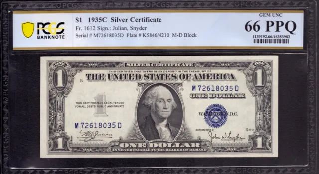 1935 C $1 Silver Certificate Note Fr.1612 Md Block Pcgs B Gem 66 Ppq
