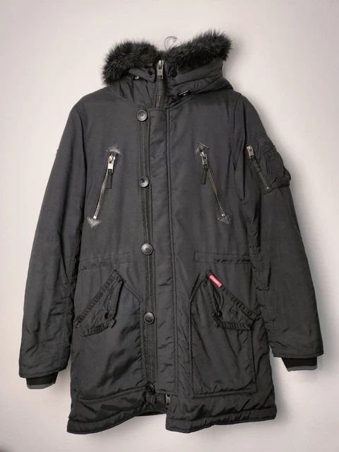 SUPERDRY SD 4 PARKA Black Long Fur Hooded Parka Jacket Coat