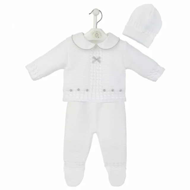 Newborn Baby Girl Boy White Knitted Jumper  Leggings & Hat Outfit Gift Set 0-6 M