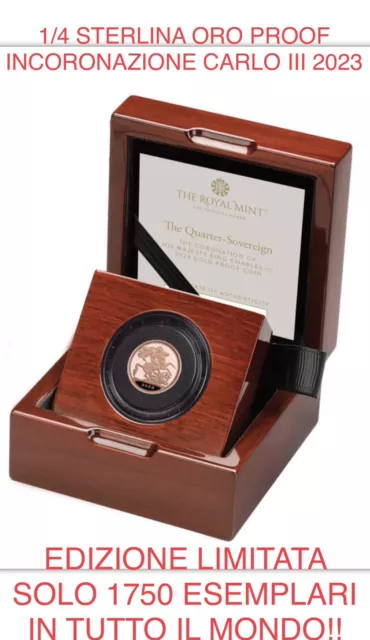 Moneta 1/4 Sterlina 2023 Oro Carlo III Incoronazione Sovereign Proof con Corona