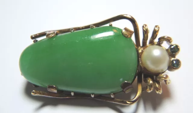 Antique Art Deco Vintage Jadeite Grasshopper Pin Hallmark LW20 14K Yellow Gold