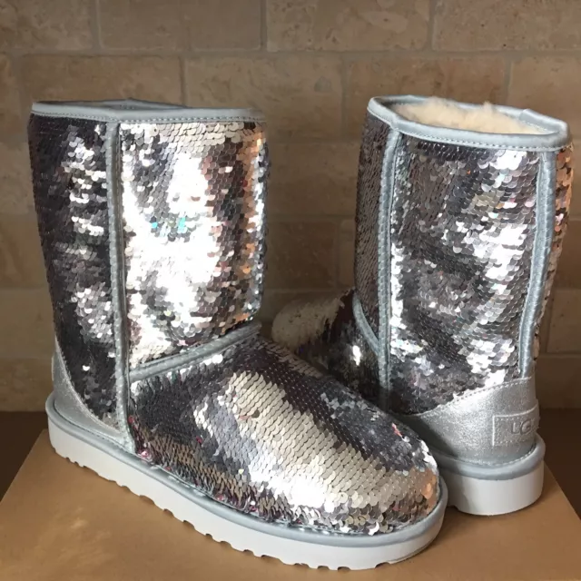 UGG Classic Short Silver Sparkles Sequin Sheepskin Boots Size US 8 Women