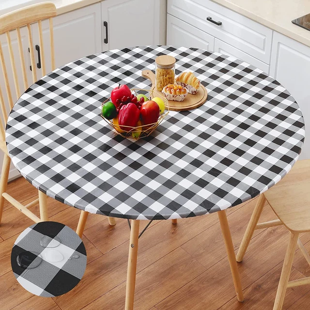 Table Cloth Cover Elastic Checkered Fitted Vinyl Tablecloth 36-44 Inch Round