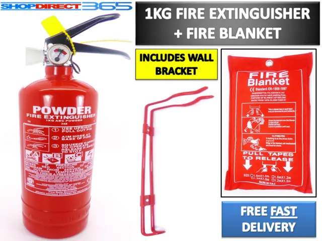 1Kg Powder Abc Fire Extinguisher + Fire Blanket House Car Office + Wall Bracket