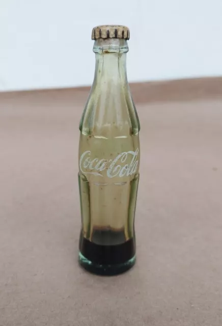 Vintage Coca Cola Coke Soda Miniature Glass Bottle Metal Cap 3-1/8" Tall Rare