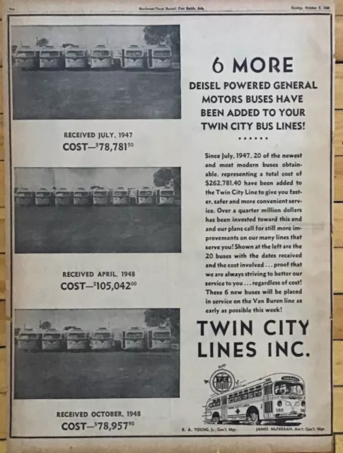 Full page 1948 newspaper ad for Twin City Lines Arkansas - Six more Buses added