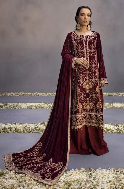 Splendido velluto zaffiro ricamato pesante matrimonio/festa senza cuciture Royal Maroon