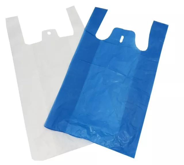 HIGH QUALITY PLASTIC VEST CARRIER BAGS BLUE OR WHITE 11"x17"x21" *ALL QTY'S*