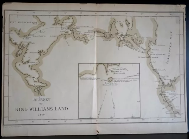 CAPTAIN HALL'S JOURNEY King William Island Arctic Map 1879 Nunavut Canada