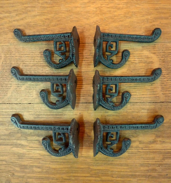 6 BROWN ANTIQUE-STYLE CAST IRON EASTLAKE-STYLE VICTORIAN COAT HOOKS hardware art