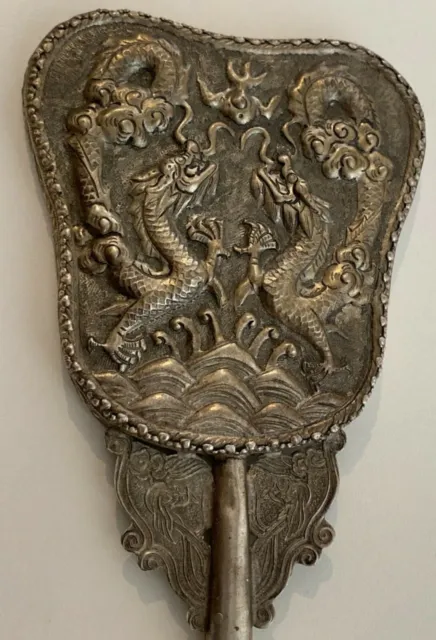 Antique Silver Plated Hand Mirror - Dancing Dragons Design Victorian era