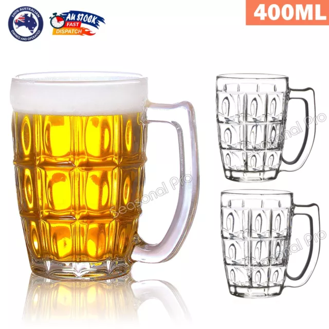 2-6pk Beer Mug 400ml Jug Glass Glasses With Handle Dimple Print Party Bar Drink