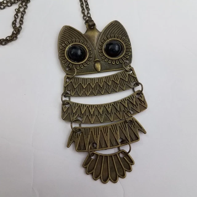 Owl Necklace Dangle Gold Tone Black Statement Big Long Novelty Bronze Tone