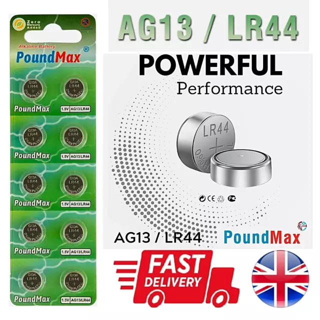 PoundMax LR44 Batteries Alkaline AG13 357 A76 RW82 L1154 SR44 Button Coin Cell