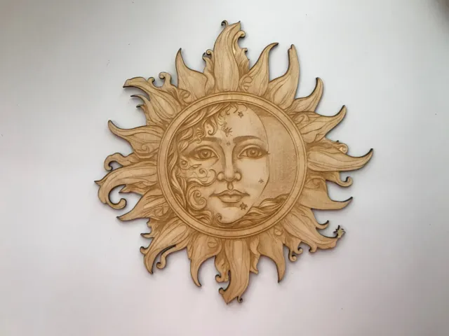 Sun Face Plaque, Laser Cut and Engraved Wood, Celestial Decor, Wood Wall Art
