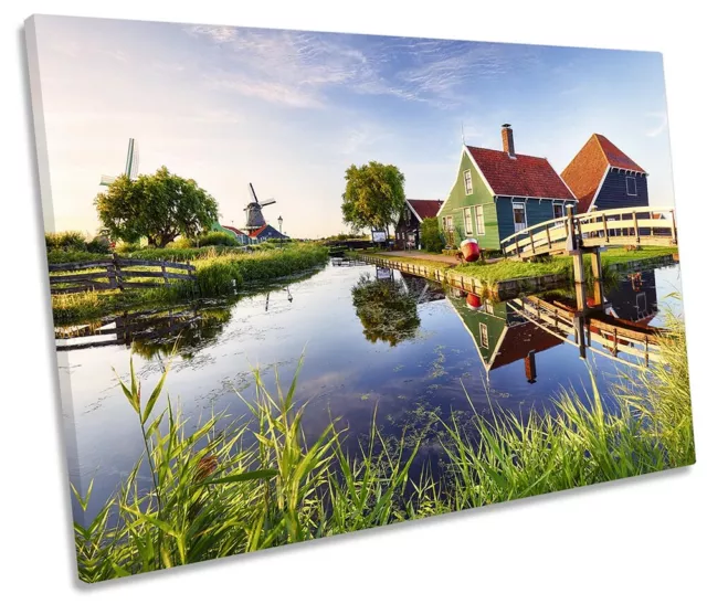 Traditional Dutch Windmill Picture SINGLE CANVAS WALL ART Print Multi-Coloured