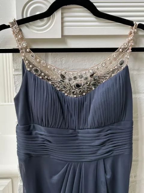 Adrianna Papell Embellished Drape Gown Chiffon Wedding Party Formal Blue Gray