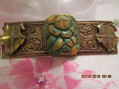 Antique Art Nouveau Stamped Brass Bar Pin Painted Glass Flower Shield J-hook cl.