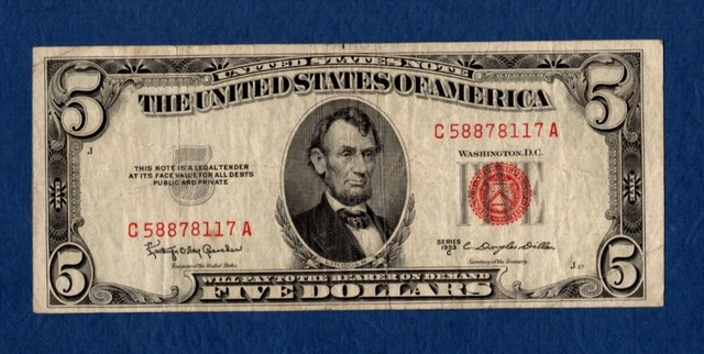 1953C United States Note $5 Dollar Bill Red Seal Avg Circulated - C58878117A