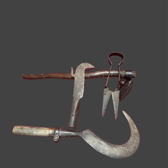 Primitive Tool Lot  1700s 18th Century Shears, fascine Knife, Hoe, Sickle,