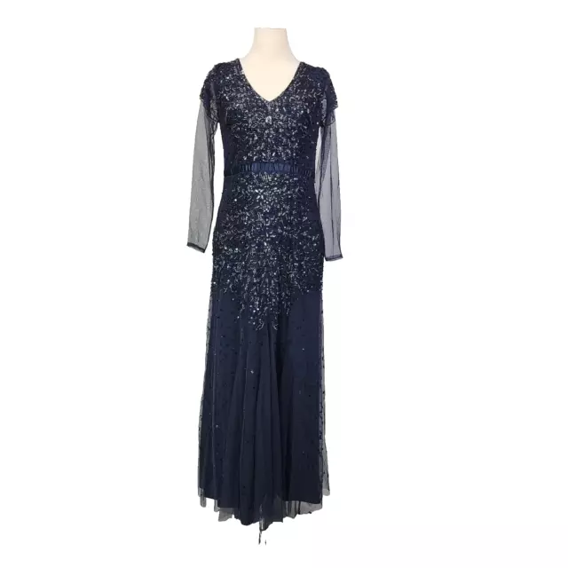 Adrianna Papell Sequins Beaded Sheer Cocktail Evening Dress Navy Blue 12 Mesh