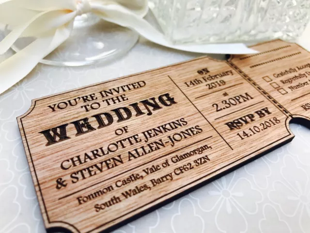 Invitations de mariage personnalisées. Billet en bois style vintage, rustique. 3