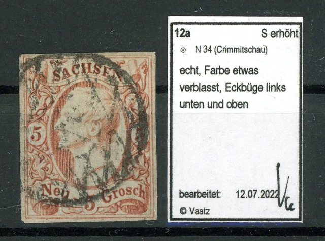 Sachsen: Mi.Nr.12a gestempelt "34" Crimmitschau, gepr. Vaatz BPP. Mi: 80,-