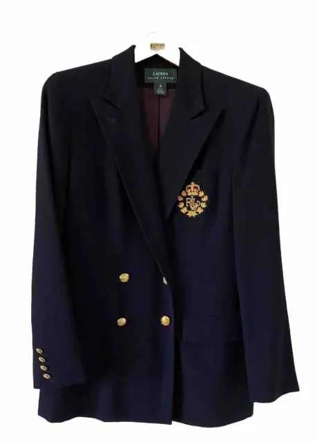 Women’s VTG Ralph Lauren Navy Wool Double Breasted Blazer Jacket Crown Crest S 6