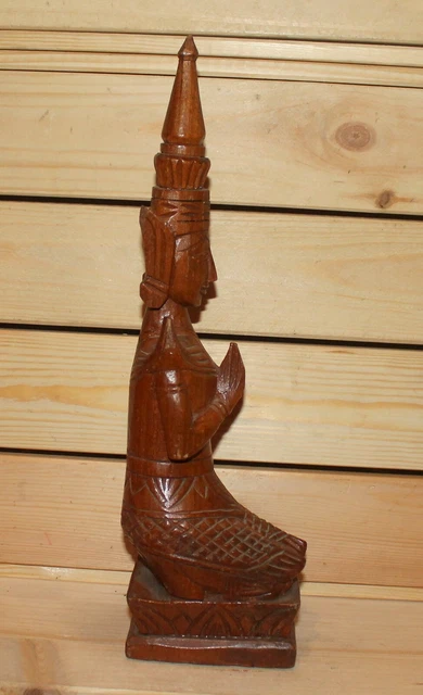 Vintage Asian hand carving wood statuette praying Buddha