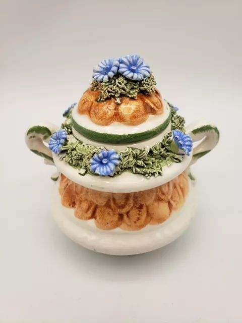 Vtg Bassano Italy Majolica Pottery Small Handled Sugar Bowl w/Lid Unique Rare