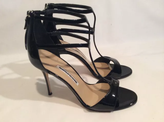 Manolo Blahnik Cellin Double T Strap Black Patent Leather Sandal Pump SZ 39.5