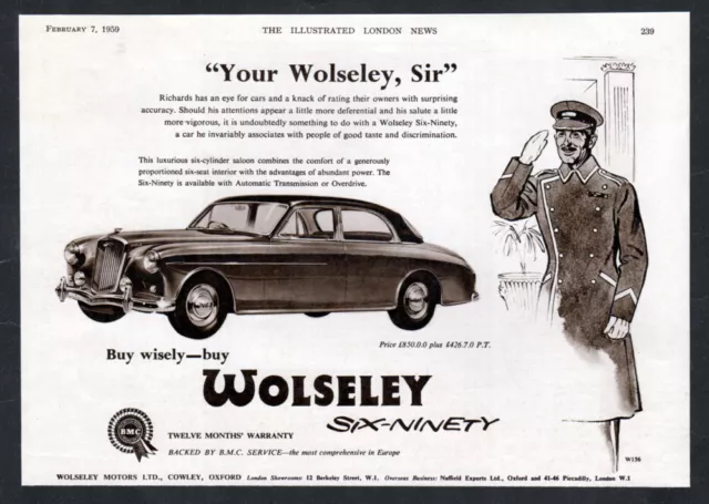 1959 WOLSELEY Six-Ninety Vintage Original Print AD | BMC black british car art