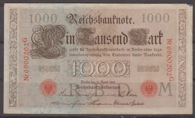 REICHSBANKNOTE 1910 GERMANY 1000 Mark Banknote P-44b red seal 7 digit