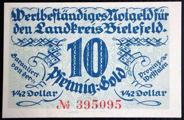 BIELEFELD 1923 "Landkreis" 10 Pfennig Gold = 1/42 US Dollar Rare German Notgeld