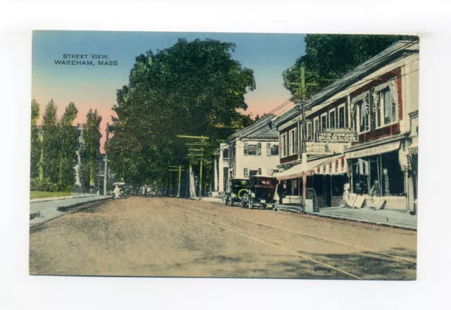 Wareham MA postcard, Street View, old cars outside ice cream parlor, signs